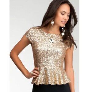 Bebe Gold Sequin Peplum Top Sparkly Dressy Party Wedding Size Medium